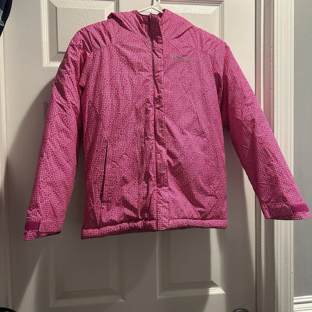 Columbia Girls Hooded Winter Jacket / Puffer Coat Pink Geometric Pattern Size M